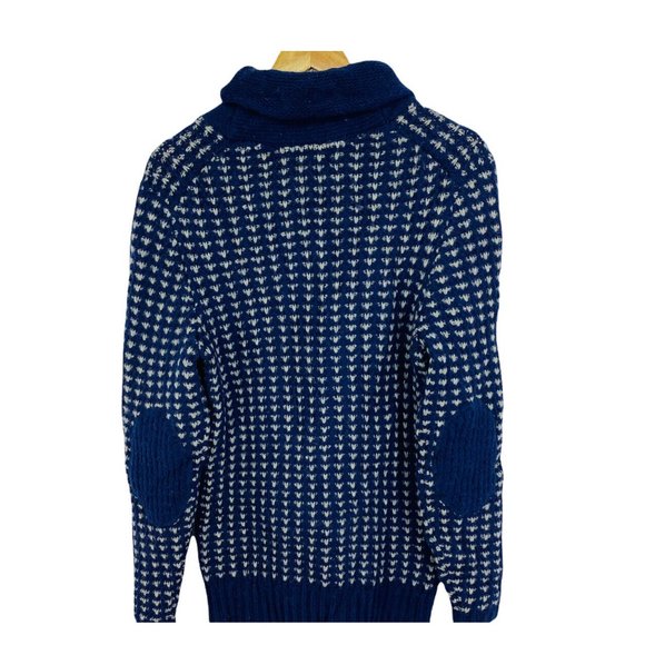 FREDERIK ANDERSON COPENHAGEN Shawl Collar Sweater Elbow Patches Blue Medium Wool - Picture 2 of 6